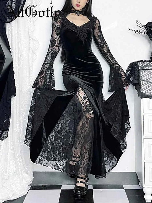 AltGoth Gothic Midi Dress - Elegant Lace Patchwork & Sheer Flare Sleeves, High-Waisted Clubwear for a Stunning Look - Pedlar's Attic