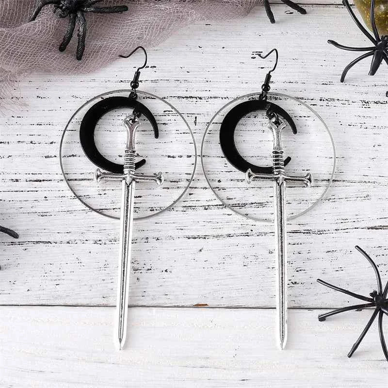 Cross-Border New Product, Fashionable Gothic Silver Hoop Black Moon Sword Earrings, Unique and Exaggerated Witch Warrior Alternative Jewelry