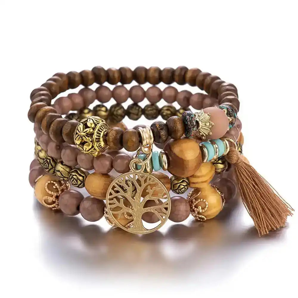 Boho Tree of Life Wooden Beaded Bracelet Set — 4 Piece