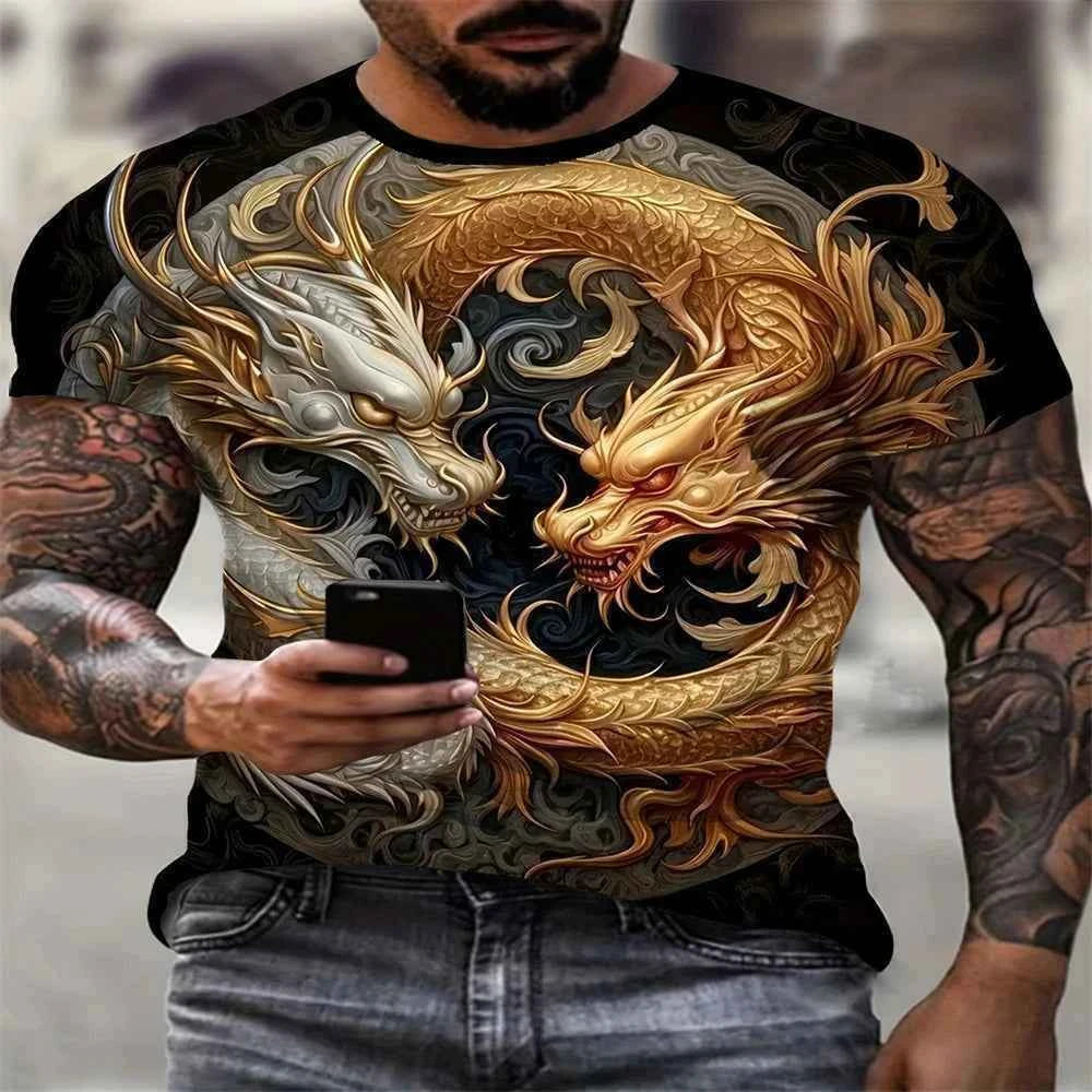 3D Style 4 Roaring Dragon Pattern Round Neck Short Sleeve T Shirt