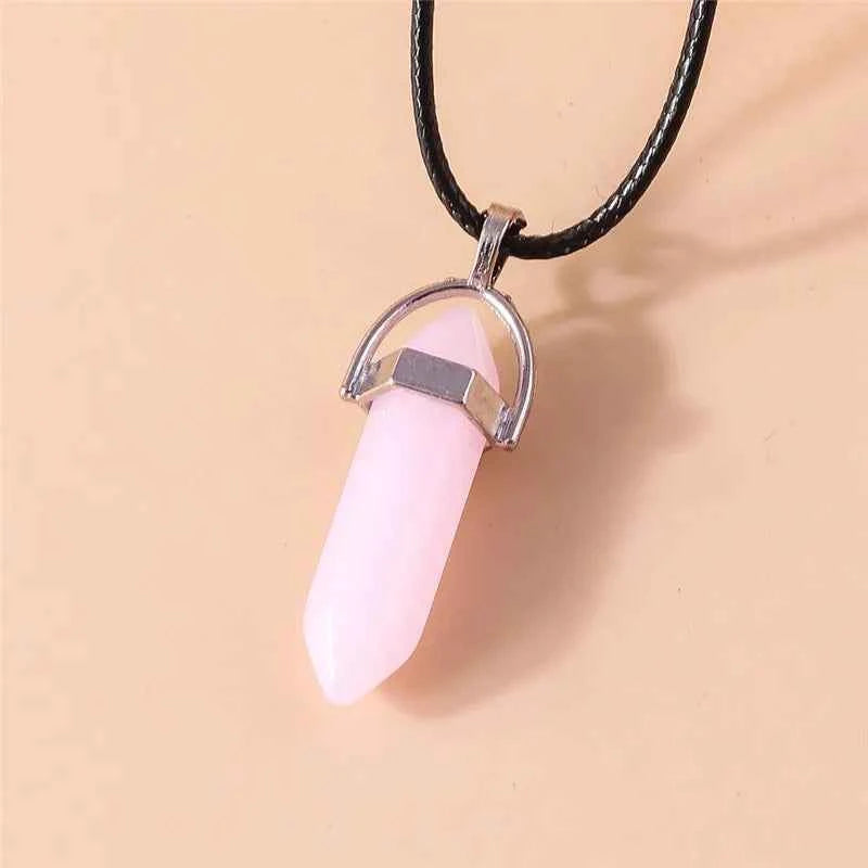 Natural Stone Quartz Lapis Opal Amethyst Pink Crystal Stone Hexagonal Column Pendant Necklaces