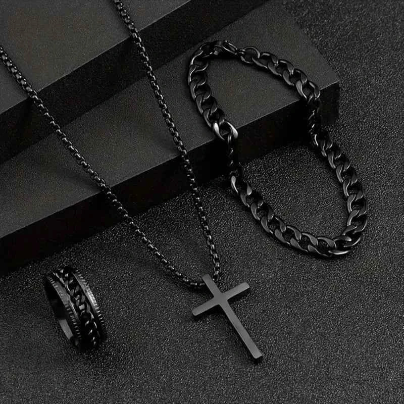 3pcs/set Punk Black Cross Pendant Necklace