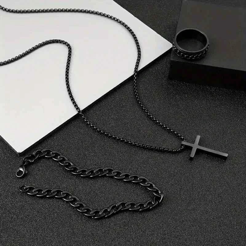 3pcs/set Punk Black Cross Pendant Necklace