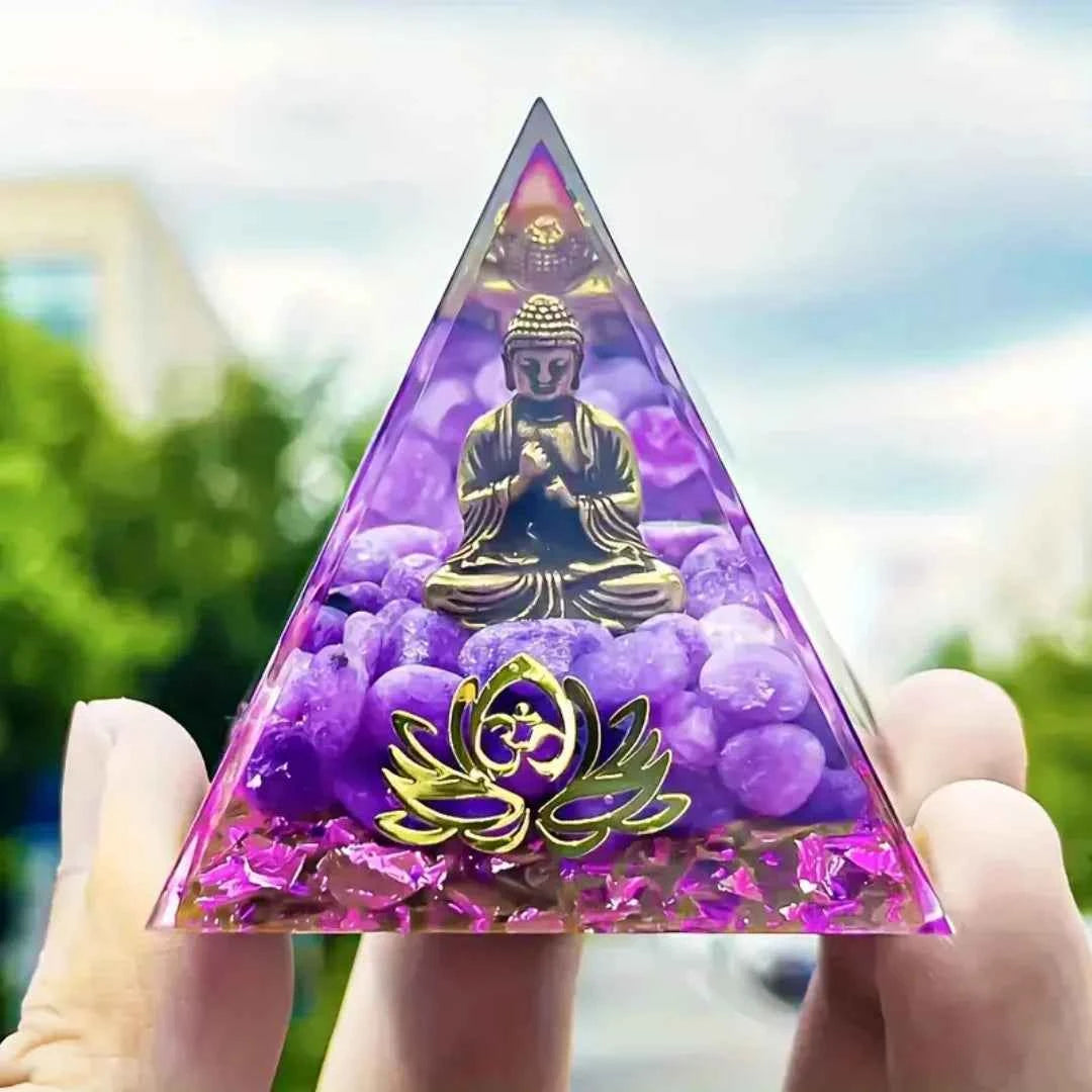 1pc Little Buddha Statue Crystal Pyramid, Purple Jade with Baby Buddha Figurine, bohemian natural crystal orgone pyramid golden