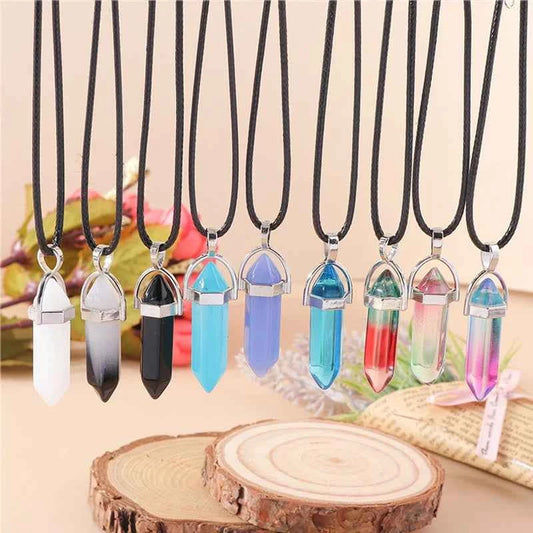 Natural Stone Quartz Lapis Opal Amethyst Pink Crystal Stone Hexagonal Column Pendant Necklaces