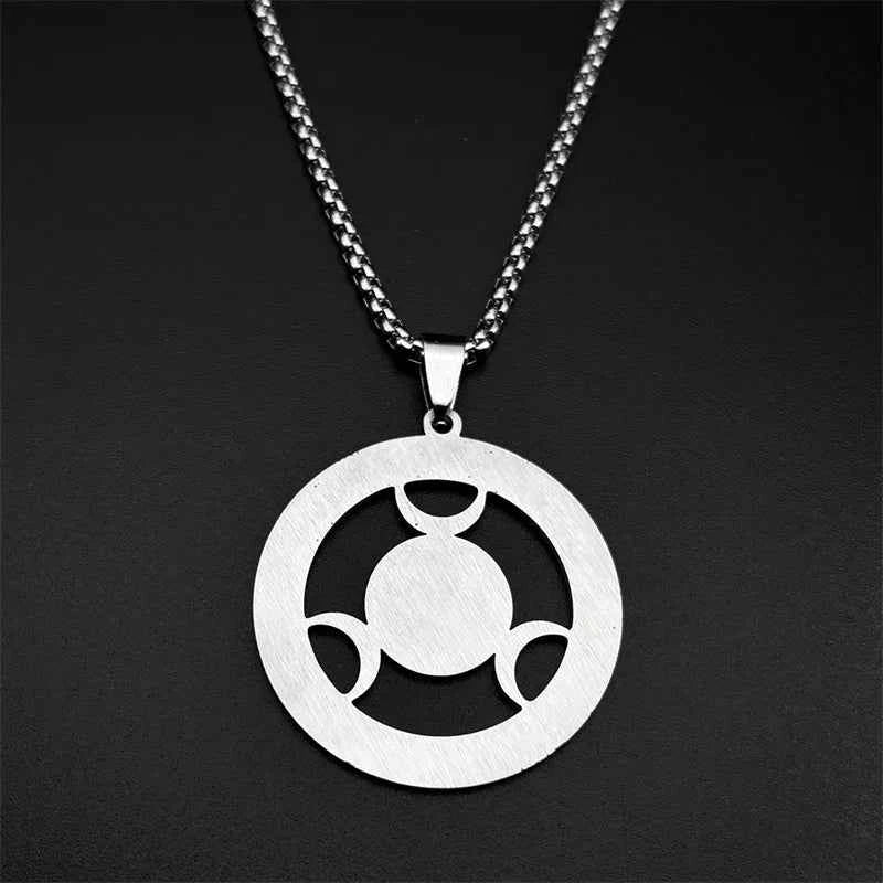Triple Moon Goddness Hekate Wheel Stainless Steel Pendant Necklace
