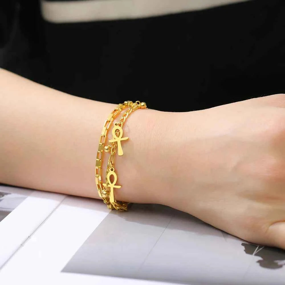 Dawapara Ankh Cross Bracelet Religious Ancient Egyptian Key To Life Prayer Amulet Supernatural Stainless Steel Jewelry