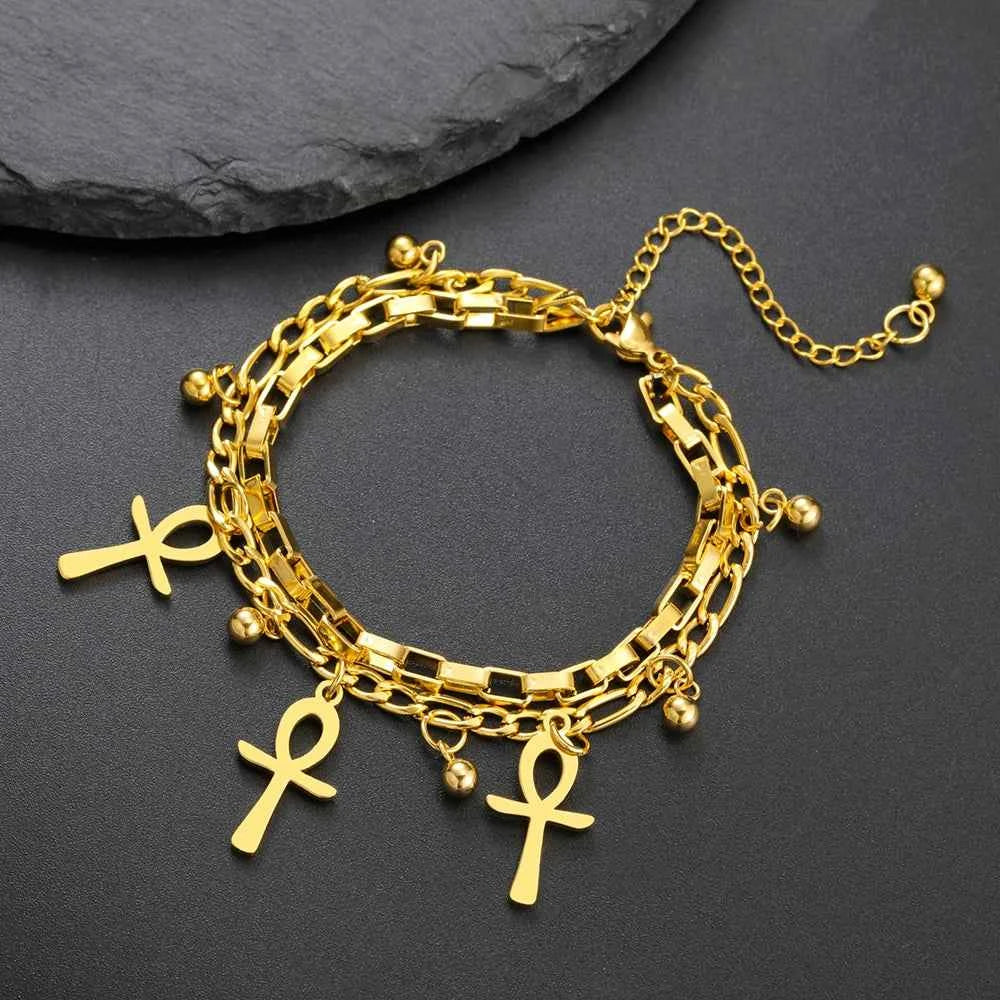 Dawapara Ankh Cross Bracelet Religious Ancient Egyptian Key To Life Prayer Amulet Supernatural Stainless Steel Jewelry