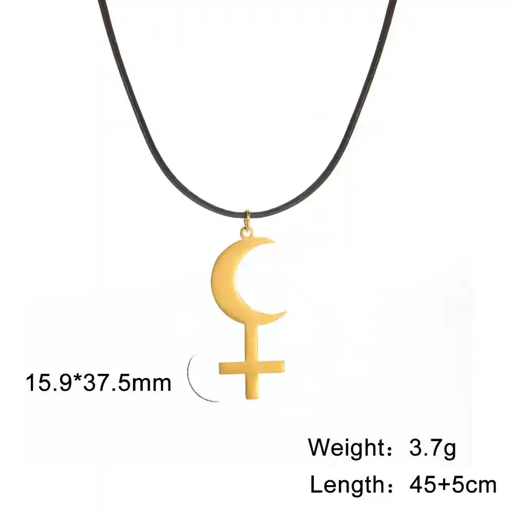 Vintage Black Moon Lilith Pendant Necklace Crescent Moon Cross Double Layer Necklace - Pedlar's Attic