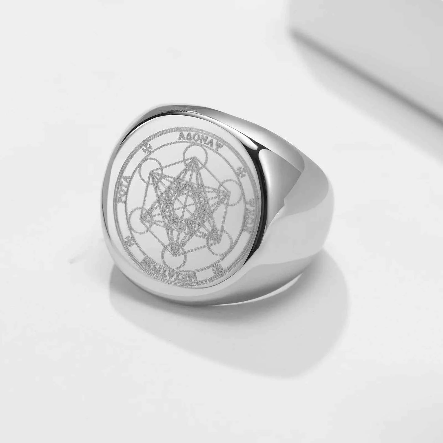 Vnox Seven Seals of Angels Rings for Men, Round Top Stamp Finger Band, Metatron Cube Stamp Ring, Chunky Punk Jewelry
