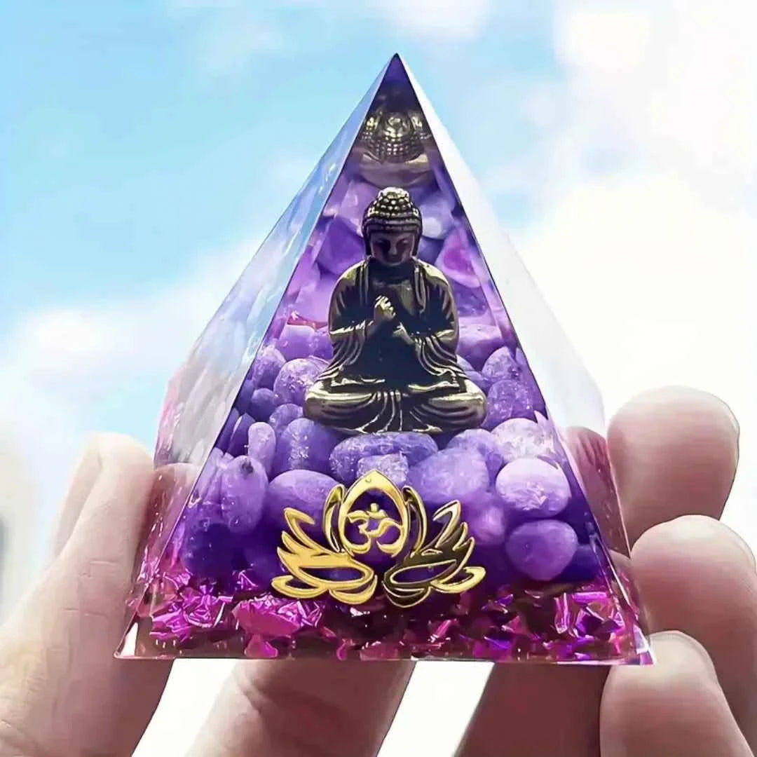 1pc Little Buddha Statue Crystal Pyramid, Purple Jade with Baby Buddha Figurine, bohemian natural crystal orgone pyramid golden