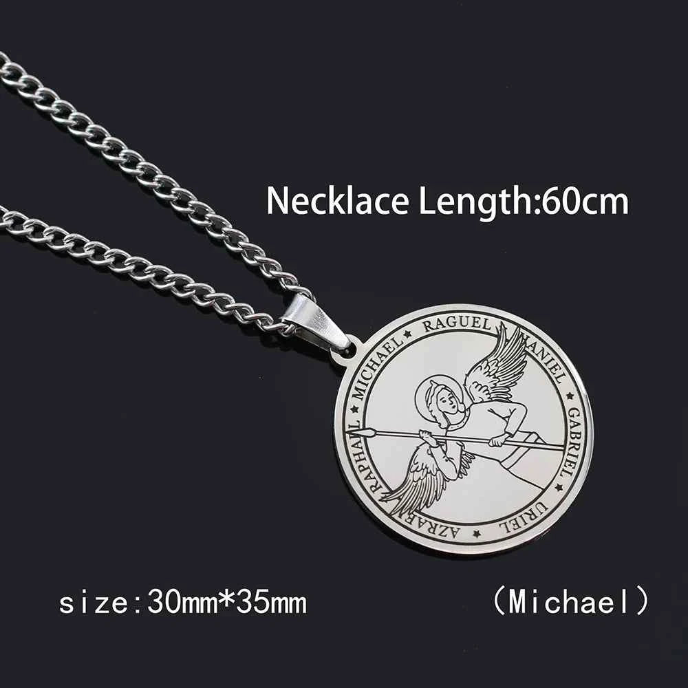 Religious Azrael Gabriel Raphael Uriel Michael Archangel Angel Wing Medal Stainless Steel Pendant Necklace Jewelry