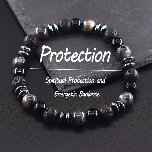 Classic Black Natural Labradorite Volcanic Stone Beads Bracelet