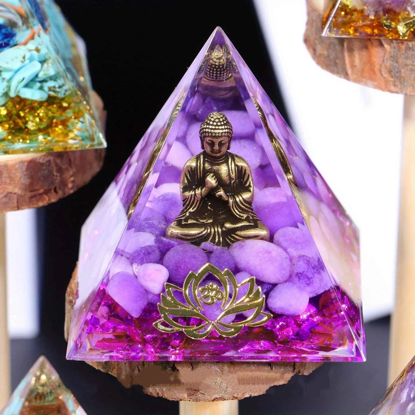 1pc Little Buddha Statue Crystal Pyramid, Purple Jade with Baby Buddha Figurine, bohemian natural crystal orgone pyramid golden
