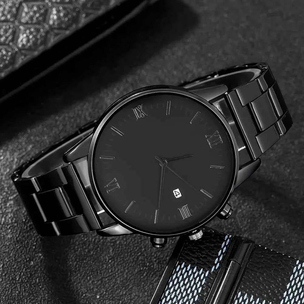 4-piece/set men's black minimalist quartz watch set