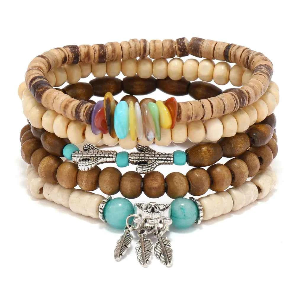 Ethnic 4-5pc/set wood bead tree Cactus Charms bracelets