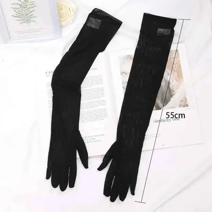 LuxeLace Black Fishnet Over Elbow Gloves - Sexy, Breathable Lace with Seamless Elasticity for Confident Sun Protection - Pedlar's Attic