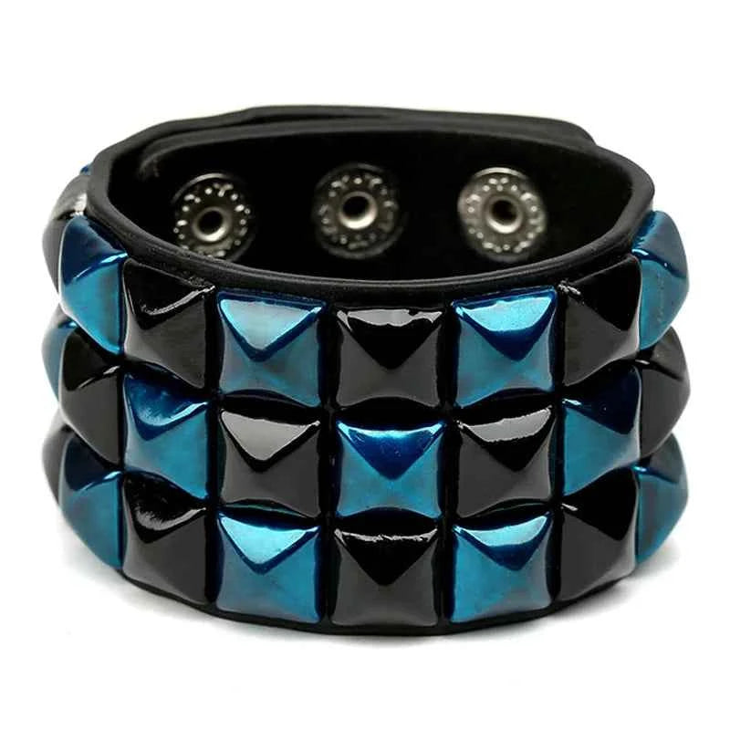 European and American New Punk Style Multi-Color Square Stud Leather Bracelet, Personalized Cycling Bar Accessory, Men's Wide Pu Leather Bracelet