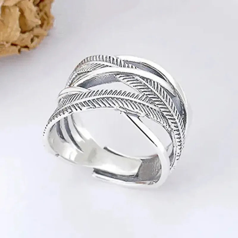 925 Sterling Silver Angel Wings Feather Ring for Women Punk Vintage Thai Silver Cross Rings Female Jewelry Gifts
