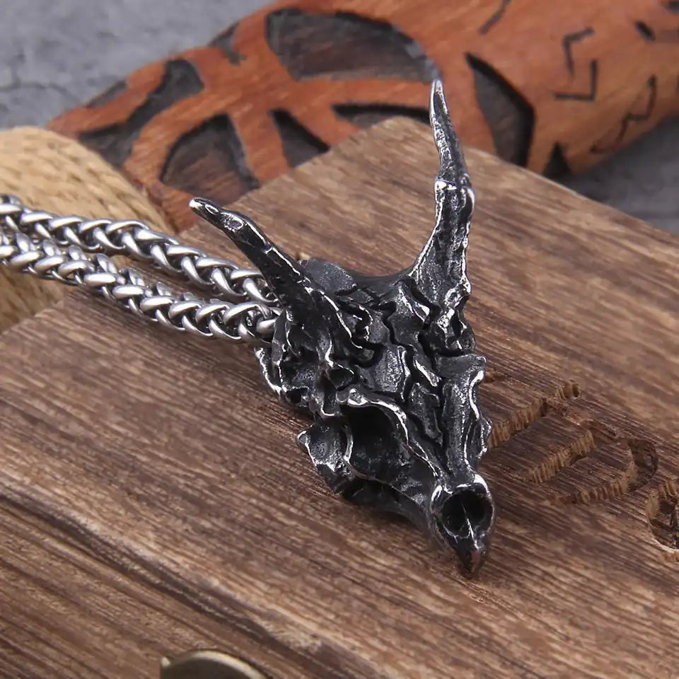 Bone & Fire — Viking Dragon Skull Pendant Necklace