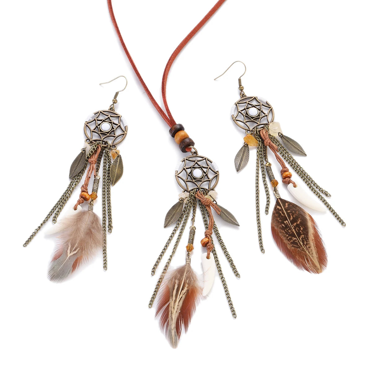 The Woman Who Faces East — Soraveen Dream Catcher Feather & Stone Necklace and Earring Set