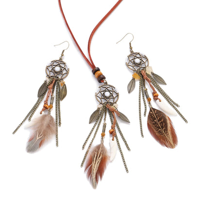 The Woman Who Faces East — Soraveen Dream Catcher Feather & Stone Necklace and Earring Set