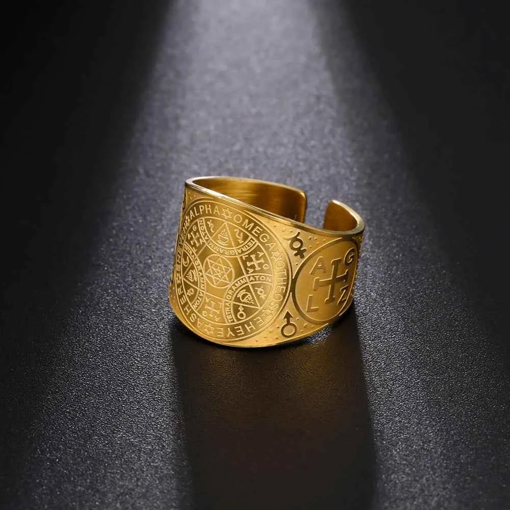 Dawapara Enochian Magic Angel Ring Solomon Kabbalah Protection Amulet Stainless Steel Hexagram Triangle Religious Jewelry