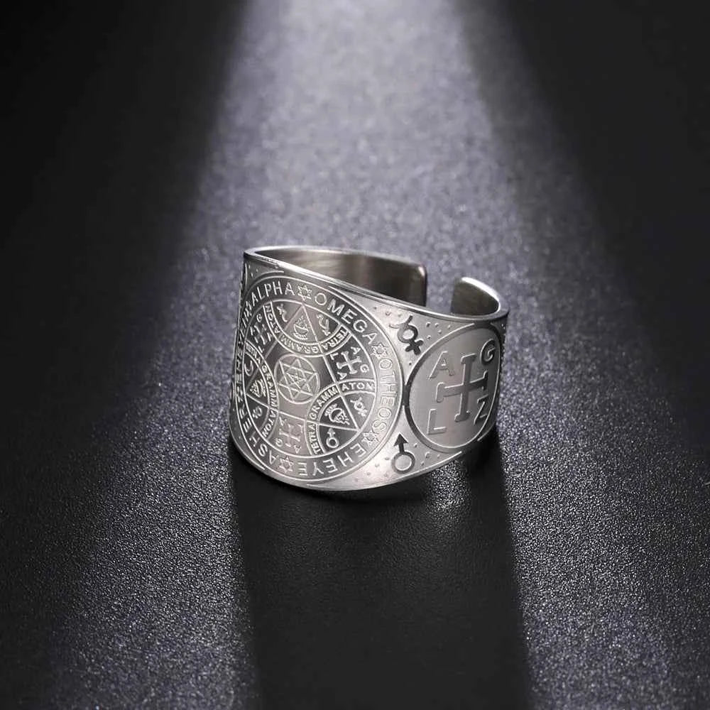 Dawapara Enochian Magic Angel Ring Solomon Kabbalah Protection Amulet Stainless Steel Hexagram Triangle Religious Jewelry