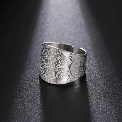 Dawapara Enochian Magic Angel Ring Solomon Kabbalah Protection Amulet Stainless Steel Hexagram Triangle Religious Jewelry - Pedlar's Attic