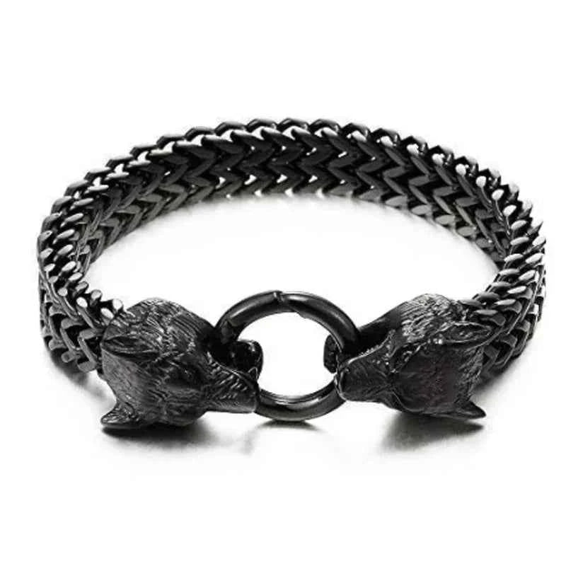 Stainless Steel Nordic Double Wolf Head Bracelet