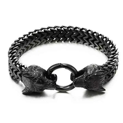 Stainless Steel Nordic Double Wolf Head Bracelet - Pedlar's Attic