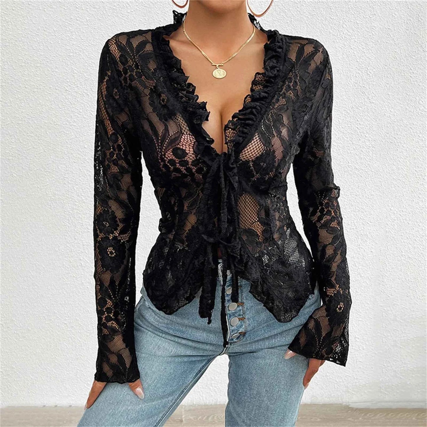 Sexy Women Mesh Lace T-Shirts Long Sleeve Tops Transparent Casual Sheer Basic Tie Front Shirt Blouses for Club Aesthetic Clothes - Pedlar's Attic