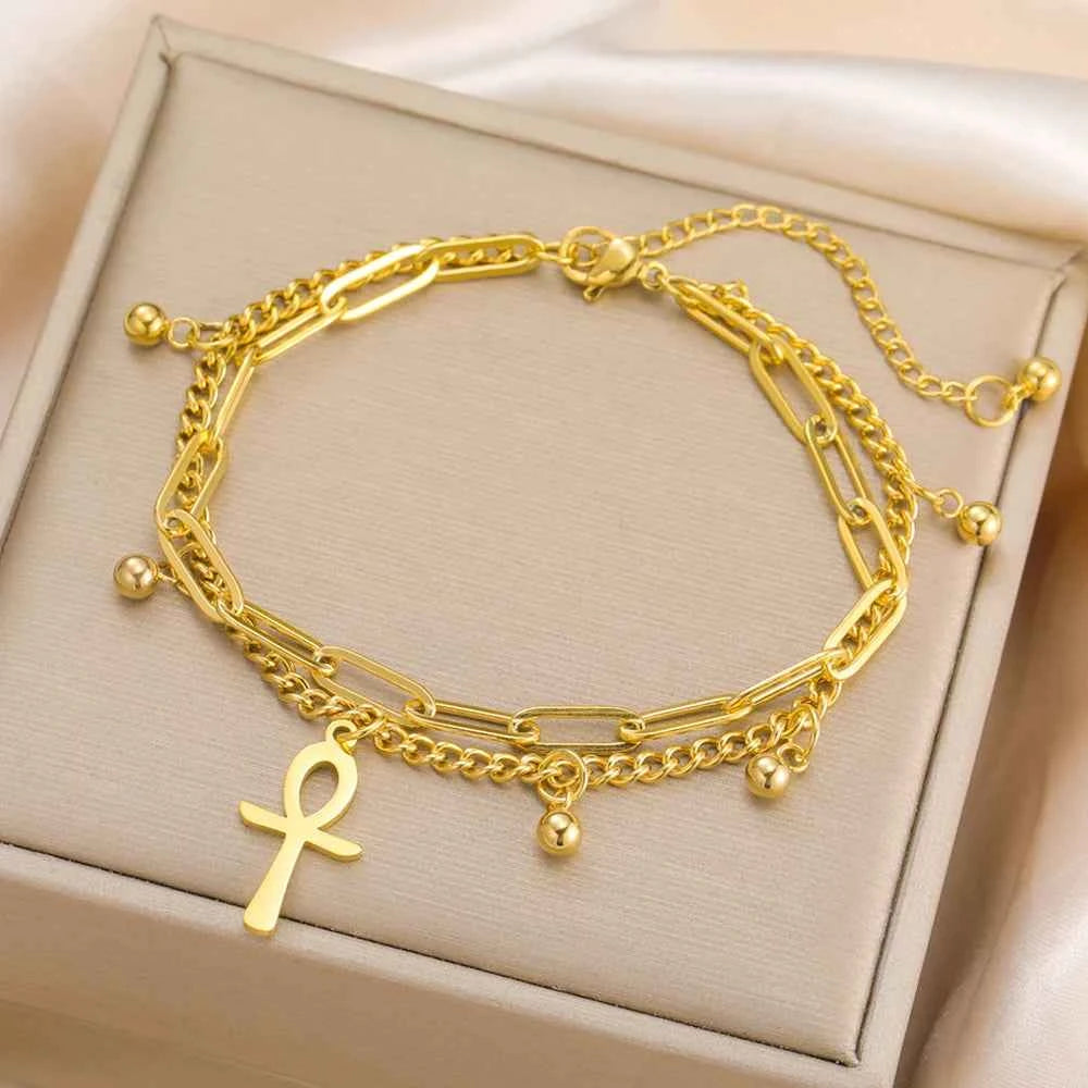 Dawapara Ankh Cross Bracelet Religious Ancient Egyptian Key To Life Prayer Amulet Supernatural Stainless Steel Jewelry
