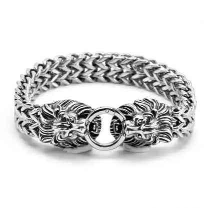 Stainless Steel Nordic Double Wolf Head Bracelet - Pedlar's Attic