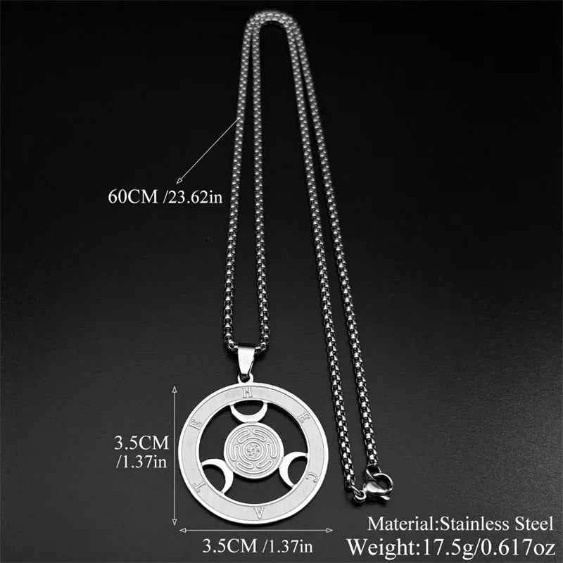 Triple Moon Goddness Hekate Wheel Stainless Steel Pendant Necklace