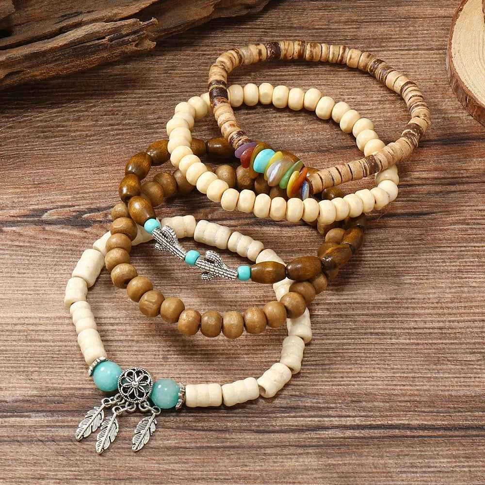 Ethnic 4-5pc/set wood bead tree Cactus Charms bracelets
