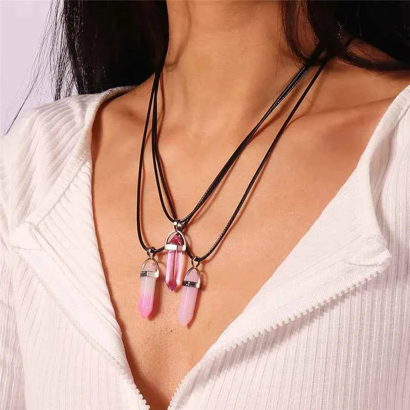 Natural Stone Quartz Lapis Opal Amethyst Pink Crystal Stone Hexagonal Column Pendant Necklaces