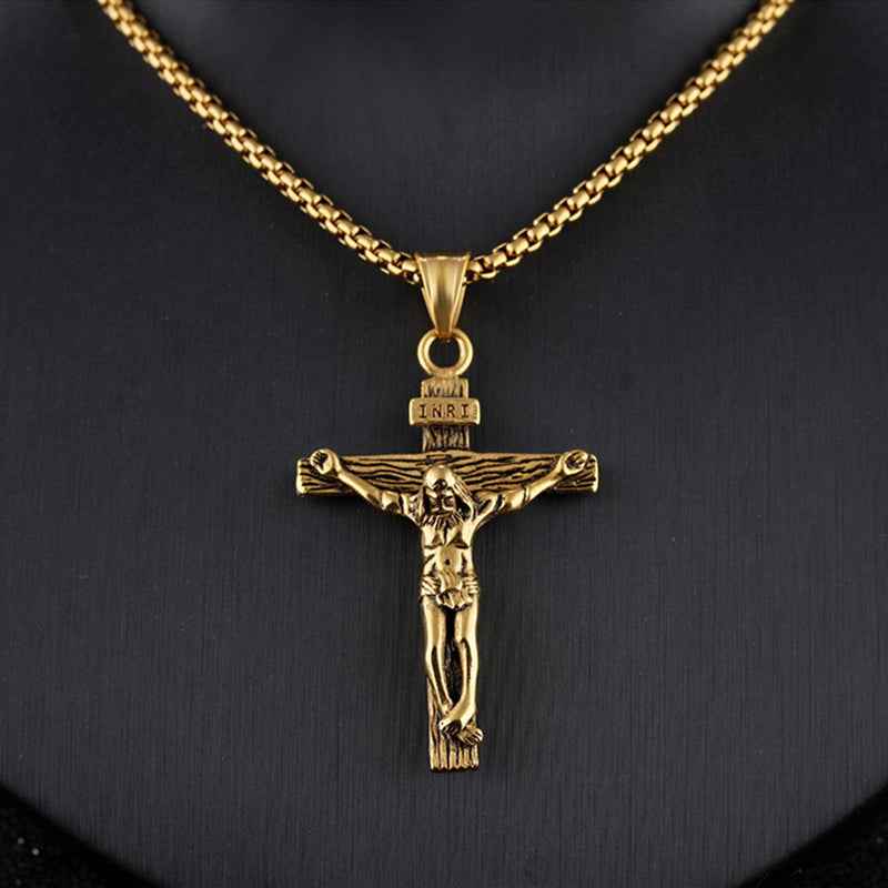 Religious Jesus Cross Stainless Steel Necklace For Men Fashion Gold Silver Color Cross Pendent With Chain Necklace Jewelry Gift