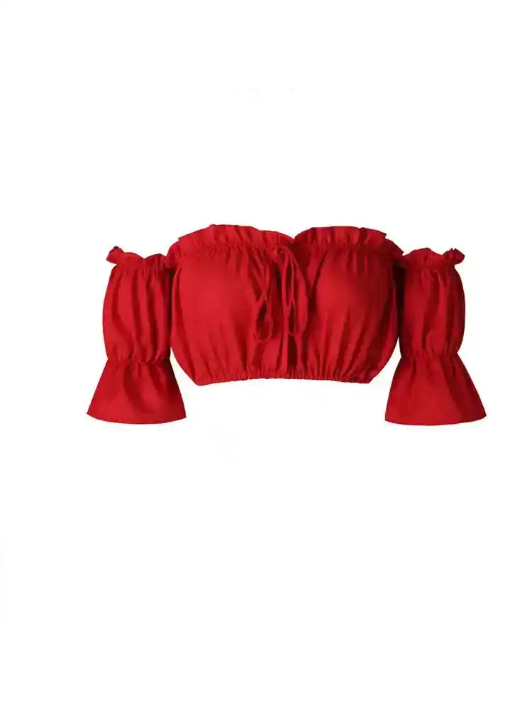 Sun & Spell – Ruched Lantern Sleeve Strapless Crop Top