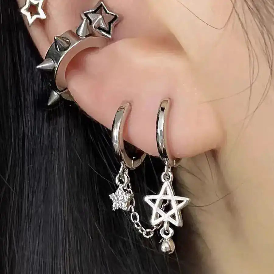 Stardust & Steel — Tassel Star Ear Chain Double Piercing Earrings