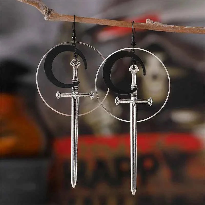 Cross-Border New Product, Fashionable Gothic Silver Hoop Black Moon Sword Earrings, Unique and Exaggerated Witch Warrior Alternative Jewelry