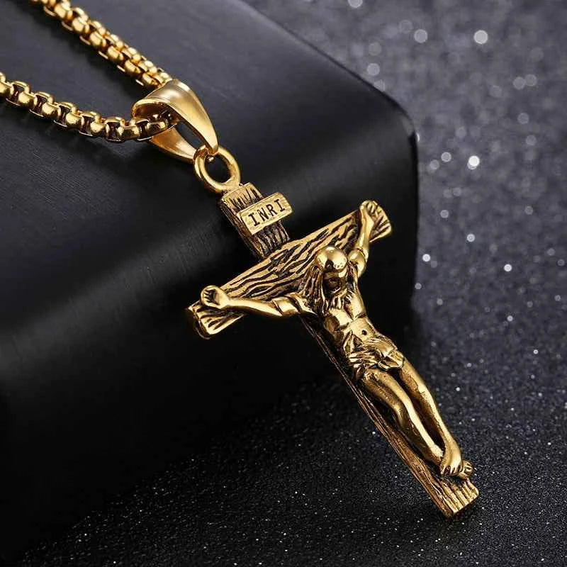 Religious Jesus Cross Stainless Steel Necklace For Men Fashion Gold Silver Color Cross Pendent With Chain Necklace Jewelry Gift