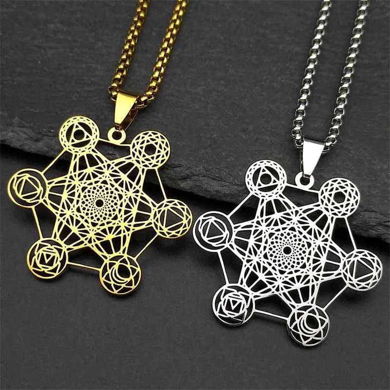 Yoga Hindu Buddhism 7 Chakra Stainless Steel Pendant Necklace Sacred Geometry Hollow Angel Seal Metatron Symbol Chain Jewelry