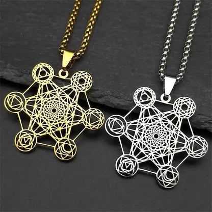 Yoga Hindu Buddhism 7 Chakra Stainless Steel Pendant Necklace Sacred Geometry Hollow Angel Seal Metatron Symbol Chain Jewelry - Pedlar's Attic