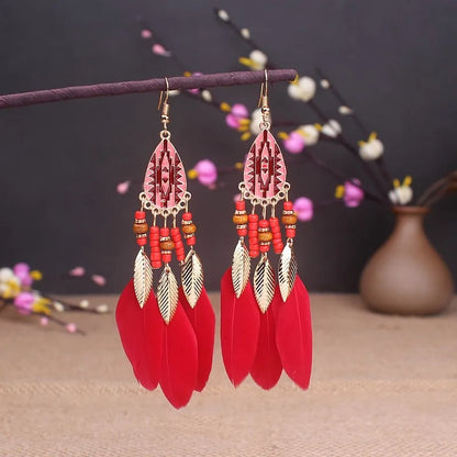 Boho Long Feather Dangle Women's Earrings Beach Long Tassel Beads Handmade Flower Enamel Earrings Bride Wedding Pendientes Mujer