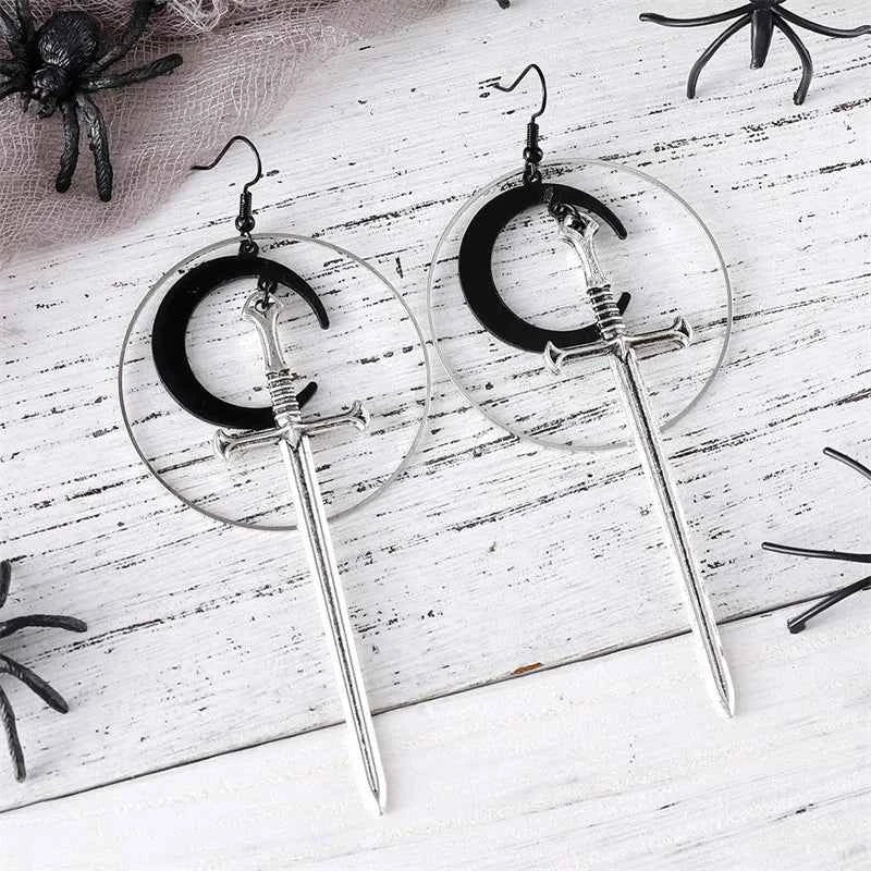 Cross-Border New Product, Fashionable Gothic Silver Hoop Black Moon Sword Earrings, Unique and Exaggerated Witch Warrior Alternative Jewelry
