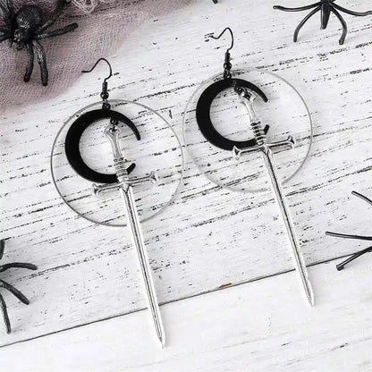 Fashionable Gothic Silver Hoop Black Moon Sword Earrings, - Pedlar's Attic