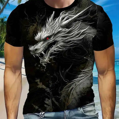 3D Style 3 Roaring Dragon Pattern Round Neck Short Sleeve T Shirt - Pedlar's Attic