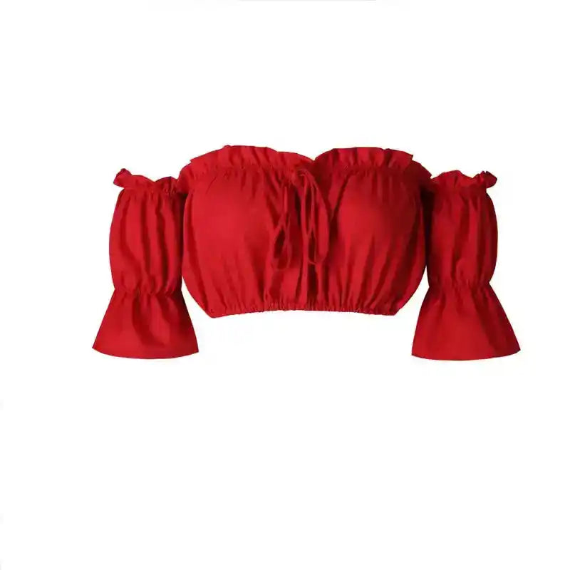 Sun & Spell – Ruched Lantern Sleeve Strapless Crop Top