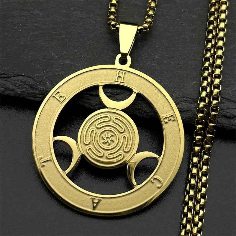 Triple Moon Goddness Hekate Wheel Stainless Steel Pendant Necklace